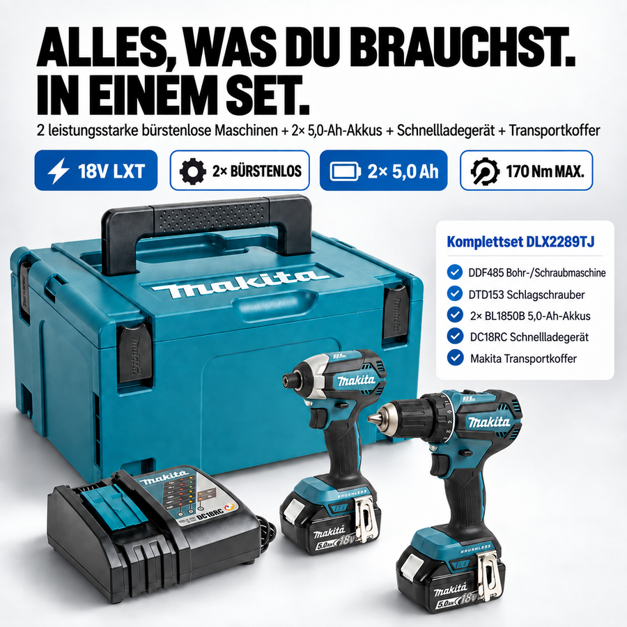 DLX2289TJ Kombipack 18 V, 2 × 5,0 Ah Li-Ion