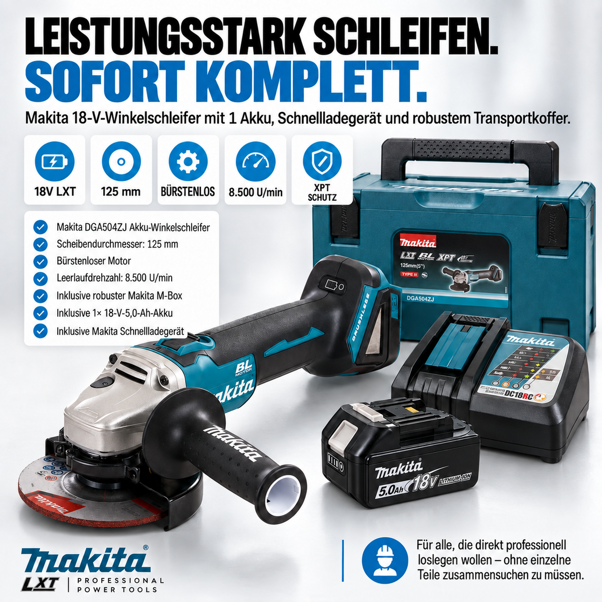 DGA504ZJ Akku-Winkelschleifer 18 V Li-Ion, 1 × 5,0 Ah Li-Ion